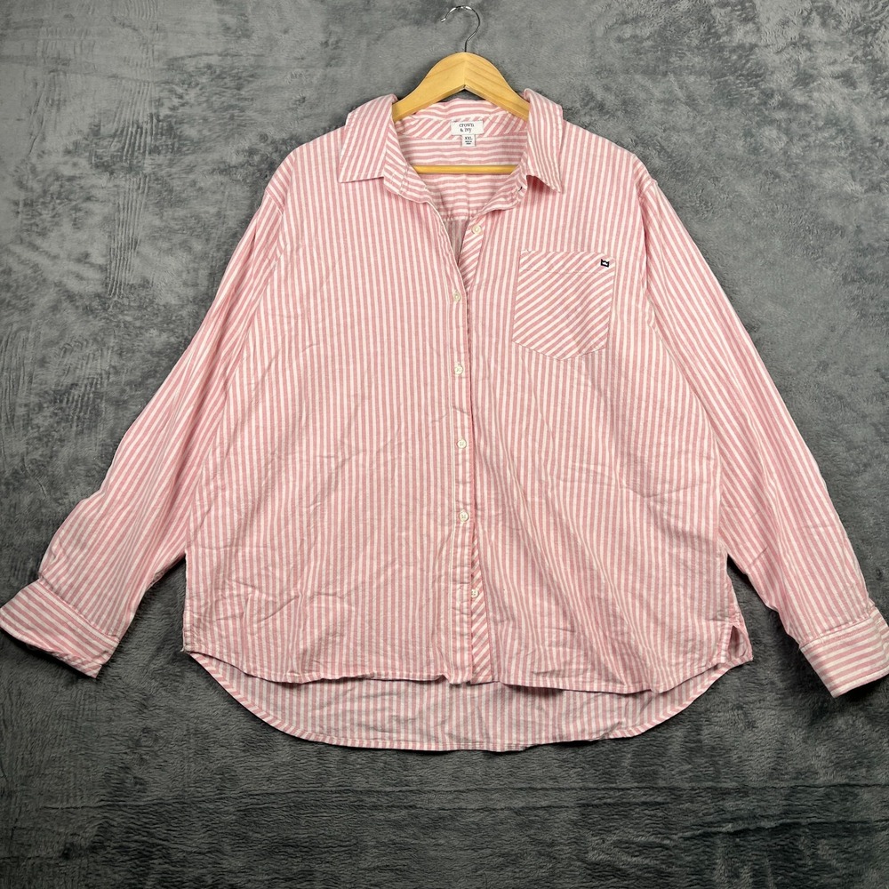 Crown & Ivy Shirt Womens 2XL Pink White Striped High Low Hem Side Slit Button Up